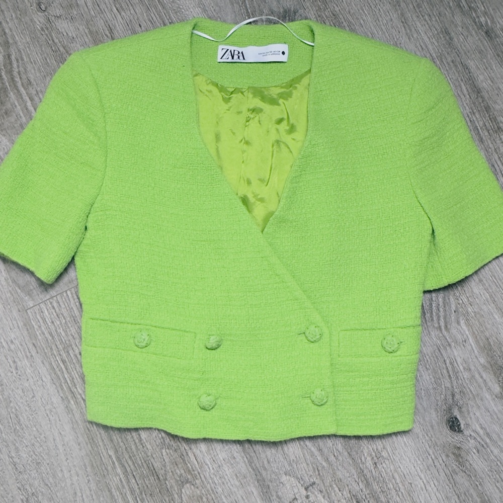 Zara Bright Lime Green Cropped Tweed Jacket